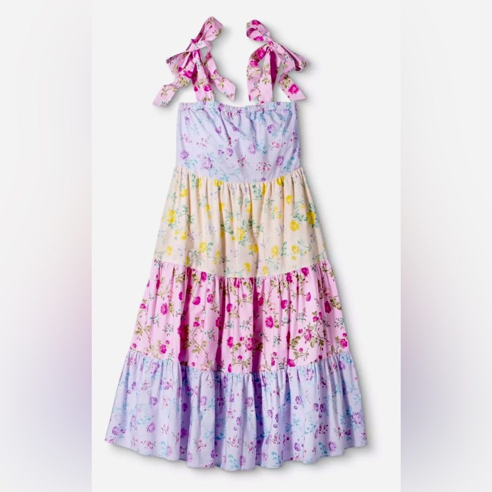 LOVESHACKFANCY Jeanne Pastel Floral Tiered Bow Strap Maxi Dress 100% Cotton